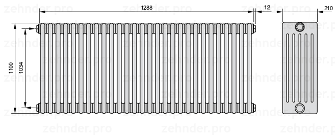 Схема (чертеж) Радиатор Zehnder Charleston 6110/28 №1270 Белый глянцевый RAL 9016